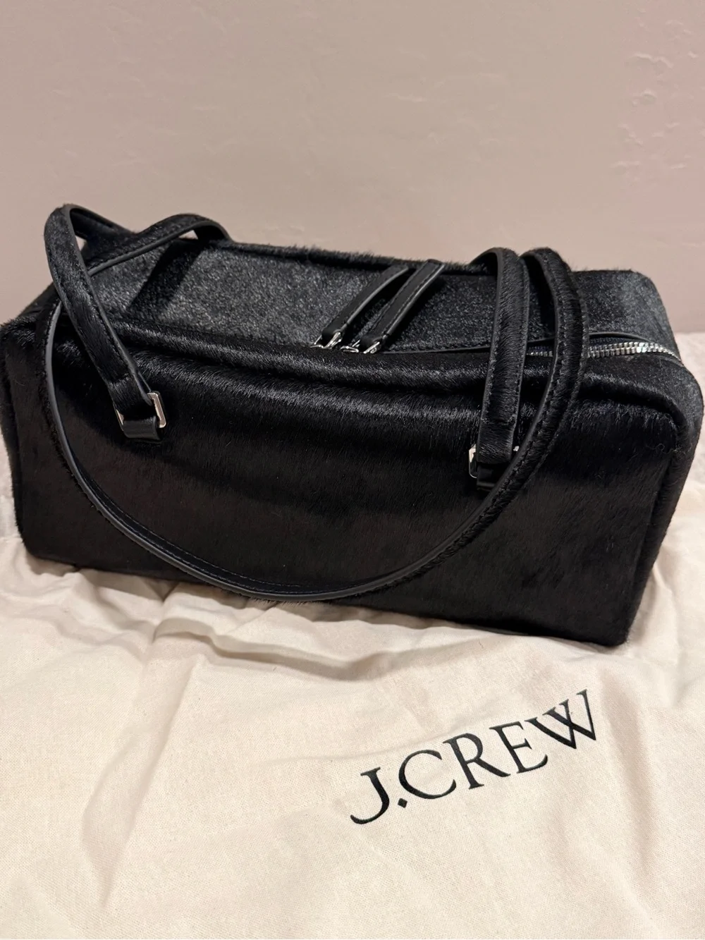 NWT J. Crew Black Delphine shoulder bag in calf hair #061